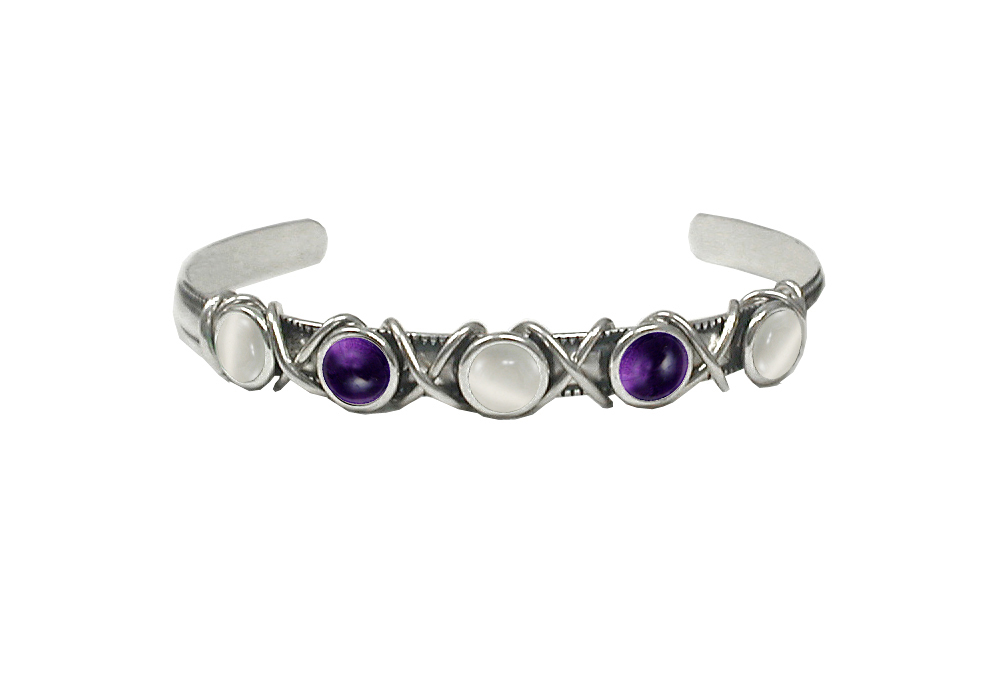 Sterling Silver Cuff Bracelet With White Moonstone And Amethyst